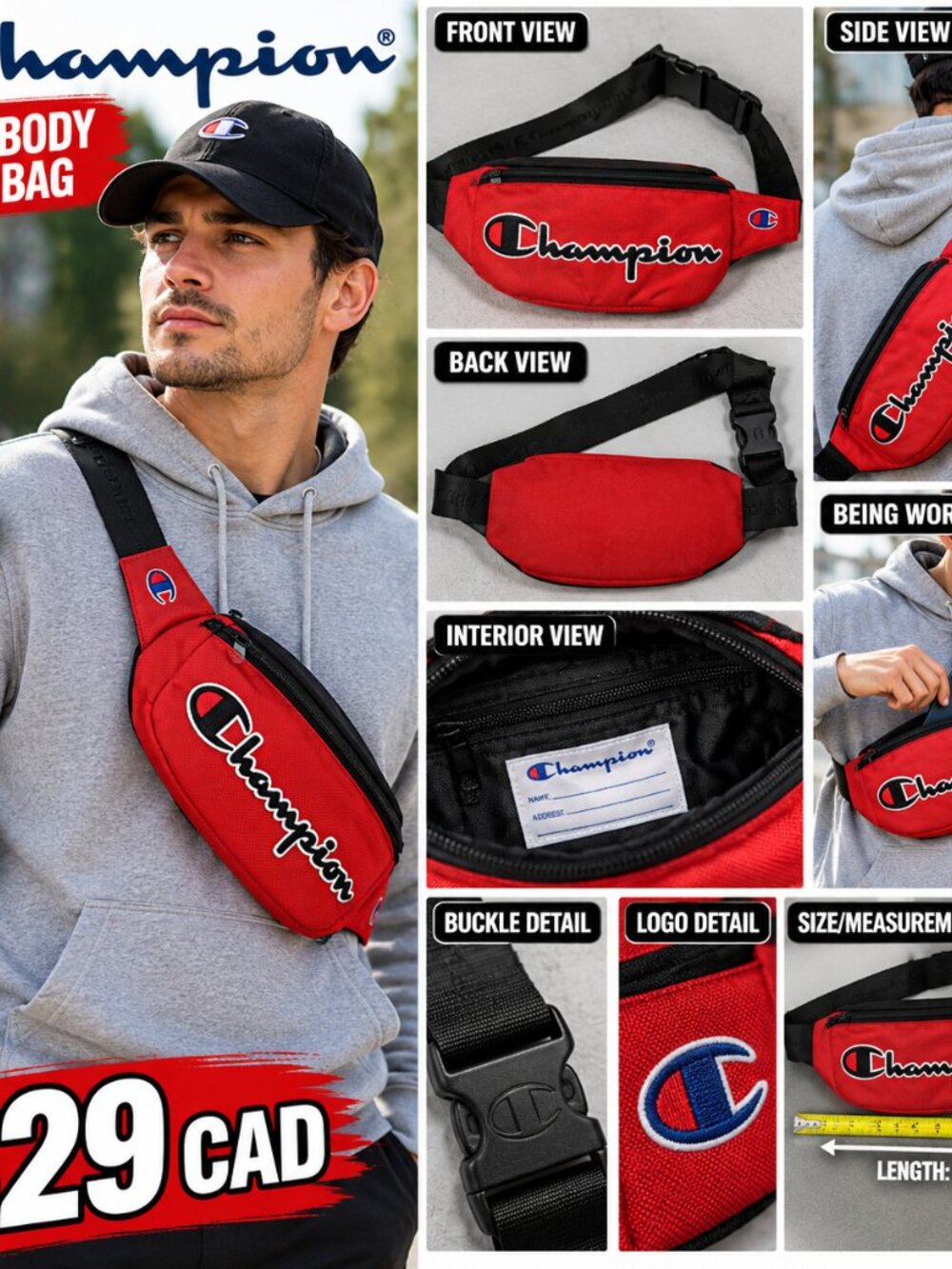 Champion Red Black Embroidered Logo Crossbody Sling Waist Bag